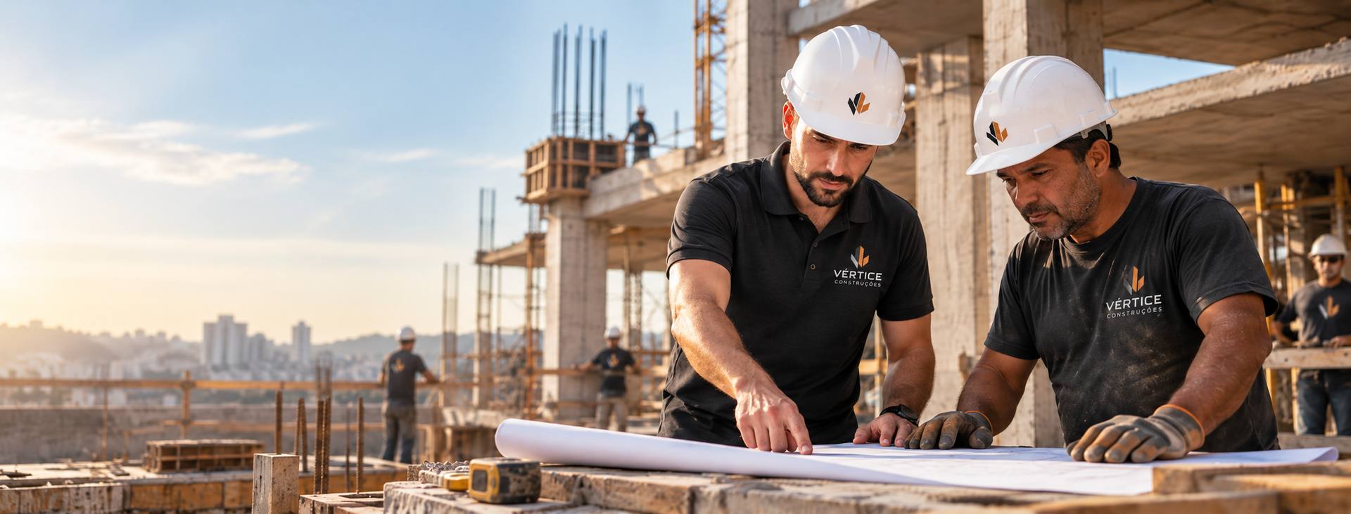 Equipe da Vértice Construções analisando o projeto em uma obra ao pôr do sol